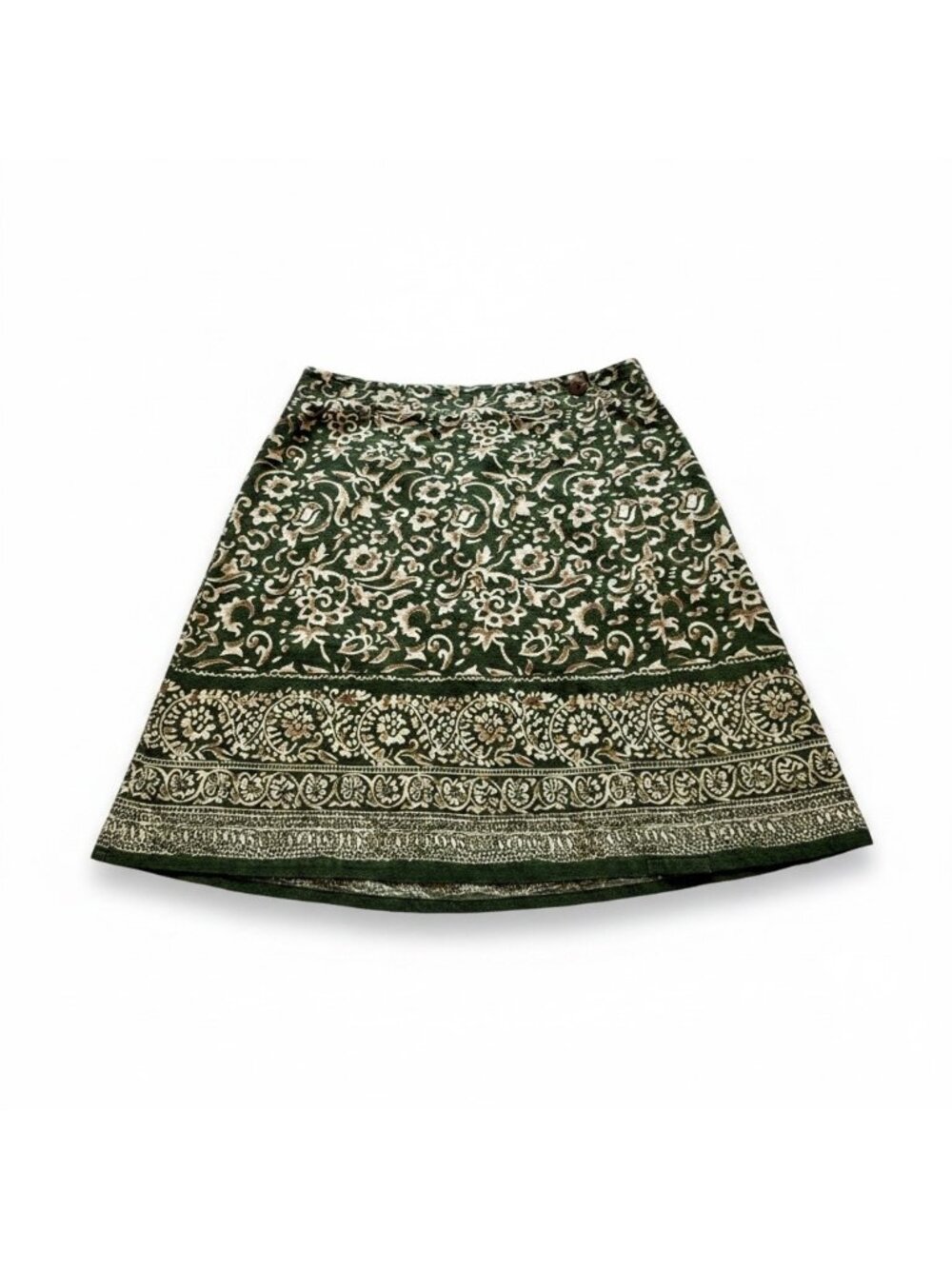 Sun River Wrap Skirt Size M Green Gold Cotton Batik Pattern Border Detail - Picture 2 of 16